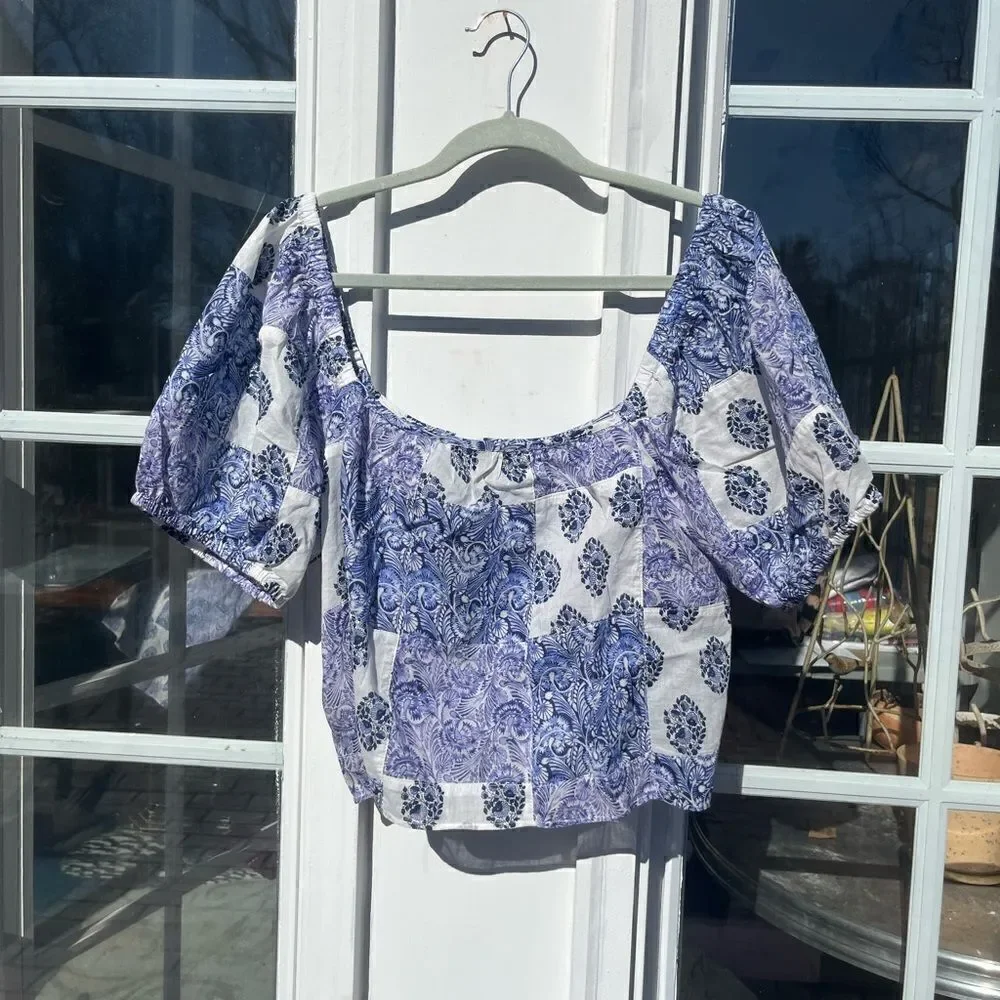 J Crew Puff Sleeve Cropped Top in Patchwork Print